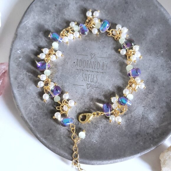 Charms Beaded Bracelet, Blue Mint Green Teardrop Crystals & Pearls Gold Jewelry - Picture 11 of 11